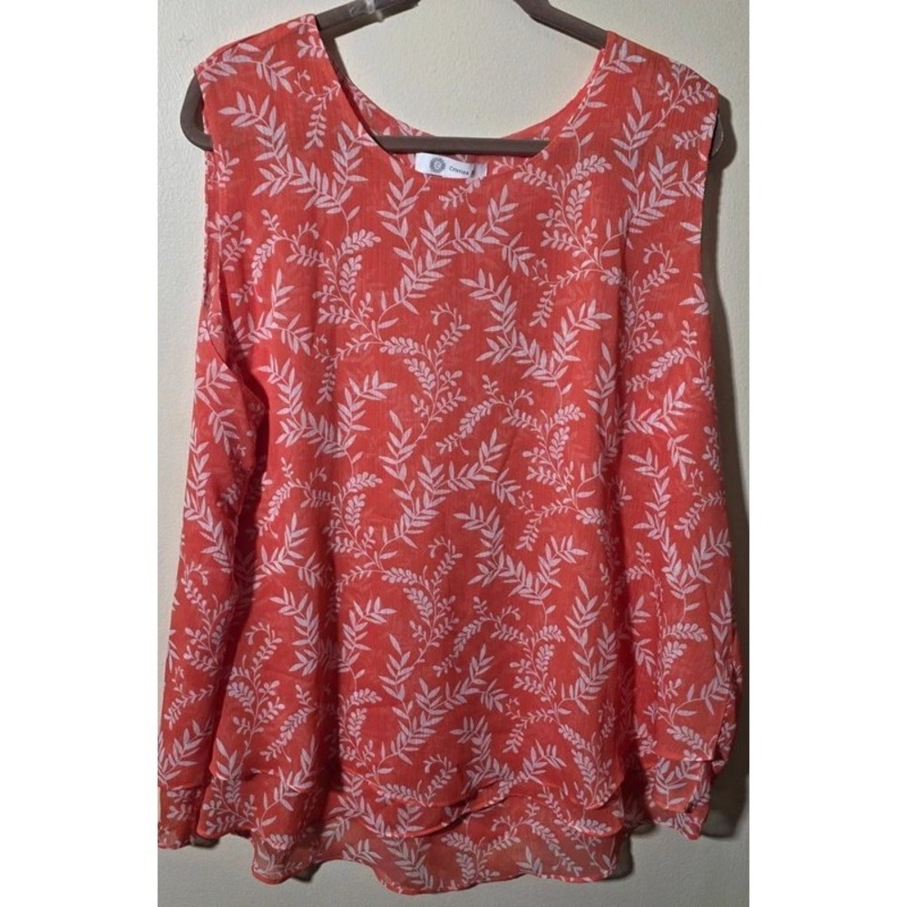 Cristina B Womens XXL Coral Orange White Leaf Print Layered Sleeveless Blouse